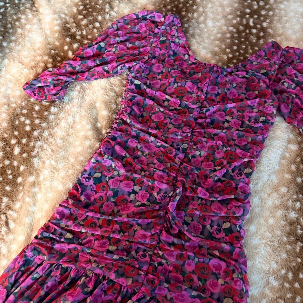 Ganni Floral Mesh Ruched Mini Dress Fiji Flower Pink Red Size EU 42 / M NWT - Picture 7 of 8